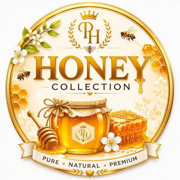 "Honey Collection logo featuring a premium honey jar, honeycomb, honey dipper, and floral accents in a warm golden luxury design."