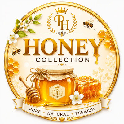 "Honey Collection logo featuring a premium honey jar, honeycomb, honey dipper, and floral accents in a warm golden luxury design."