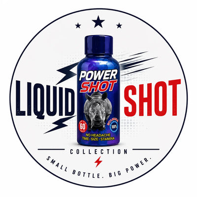 "Premium Liquid Shot Collection logo featuring a blue energy shot bottle centered inside a modern circular badge design, symbolizing performance, stamina, vitality, and fast-acting wellness products
