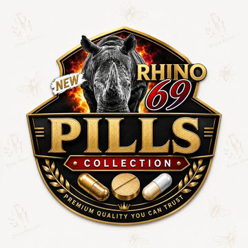 "Premium Pills Collection emblem with Rhino 69 branding, capsules, and elegant gold accents on a luxury Prime Honey's background."